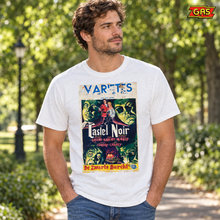 Load image into Gallery viewer, Castel Noir white horror graphic T-shirt on a relaxed park walk with GAS logo at top right