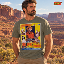 Load image into Gallery viewer, Ronald Reagan khaki film poster T-shirt with bearded model in a red-rock canyon, GAS at top right