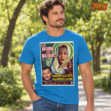 Load image into Gallery viewer, La Dame en Blanc azure blue film poster T-shirt on a park walk with GAS logo at top right