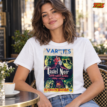 Load image into Gallery viewer, Castel Noir white film poster T-shirt at a pavement café with GAS logo at top right