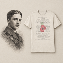 Load image into Gallery viewer, Wilfred Owen charcoal portrait and poetry T-shirt gallery composition