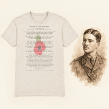 Load image into Gallery viewer, Wilfred Owen illustrated portrait and poetry T-shirt on ivory
