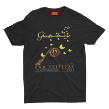 Load image into Gallery viewer, Glastonbury CND Festival Globe 1981 TShirt  The CND FESTIVAL 1981 design is the first in the GLASTONBURY COLLECTION which covers the period from 1981 to 1985 when GREAT ALTERNATIVE STORES produced the official festival shirts for Michael Eavis.The original was screen printed and the colours in the design merged together. This reproduction will be sharper but more distinct. I had turned up as the last minute driver for T Rex in Mark Bolan’s zebra stripe flock covered Cadillac at the first one in 1970