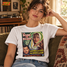 Load image into Gallery viewer, La Dame en Blanc white graphic T-shirt in a relaxed living room
